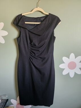 David Meister Black Shimmery Draped Midi Sheath Dress